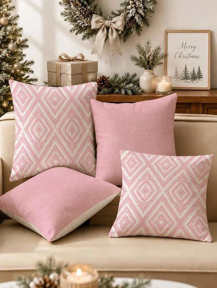 4 vỏ gối trang trí họa tiết hình học, vải polyester, khóa kéo ẩn, giặt máy  được, phong cách tối giản, dùng cho sofa phòng khách và phòng ngủ, không  kèm ruột
