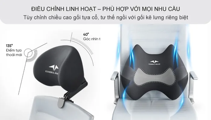Combo tựa ghế văn phòng gối tựa đầu cổ lưng công thái học rời gắn ghế