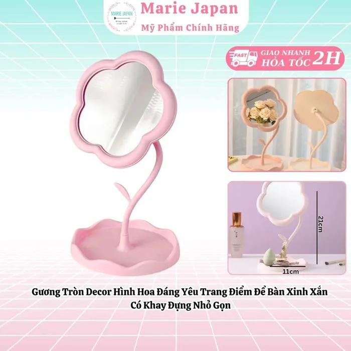 Gương Tròn Decor Hình Hoa Đáng Yêu Trang Điểm Để Bàn Xinh Xắn Có Khay Đựng Nhỏ Gọn