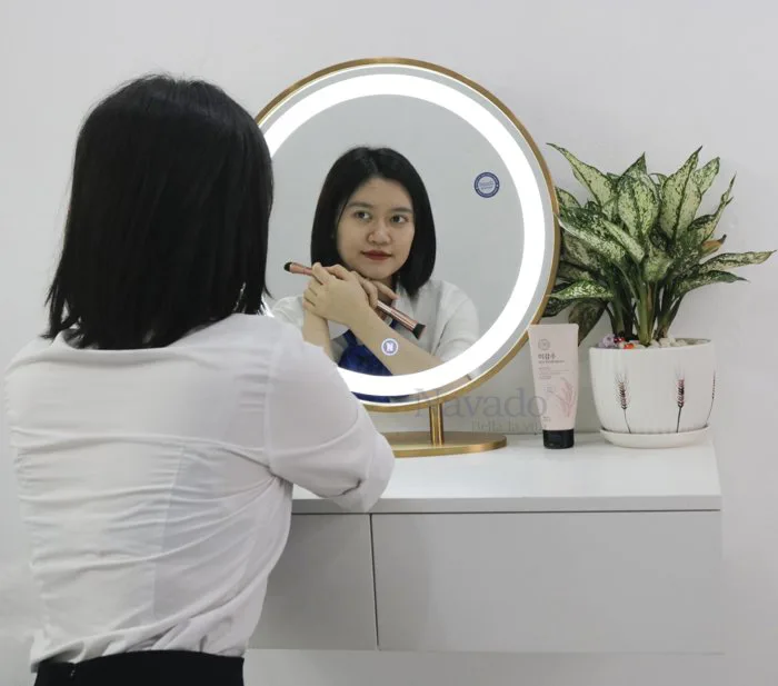 Gương nghệ thuật bàn trang điểm đèn led khung vàng inox pvd