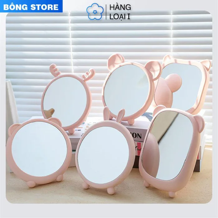 Gương để bàn màu hồng bằng nhựa để bàn trang điểm tai gấu decor phòng ngủ dễ thương