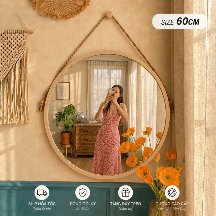Gương Tròn Treo Tường Viền Gỗ Nhu Y Decor nhiều kích thước , Gương Soi  Decor Phòng Ngủ Nhà Tắm