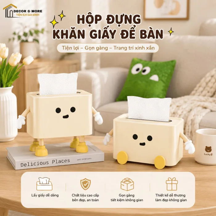 Hộp Đựng Khăn Giấy Để Bàn DECOR Đa Năng, Hộp Giấy Ăn Hoạt Hình Kèm Phụ Kiện  Decor Dễ Thương, Nhựa PP
