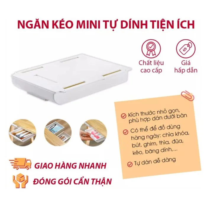 Ngăn kéo mini dưới bàn, ngăn kéo bí mật tự dính dùng để đựng hộp đựng bút, đồ dùng cá nhân, gắn dưới bàn tự dính