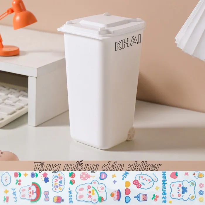 Hộp đựng bút để bàn học, thùng rác mini nhỏ gọn hình dễ thương cute, Tặng  miếng dán skiker KHAI