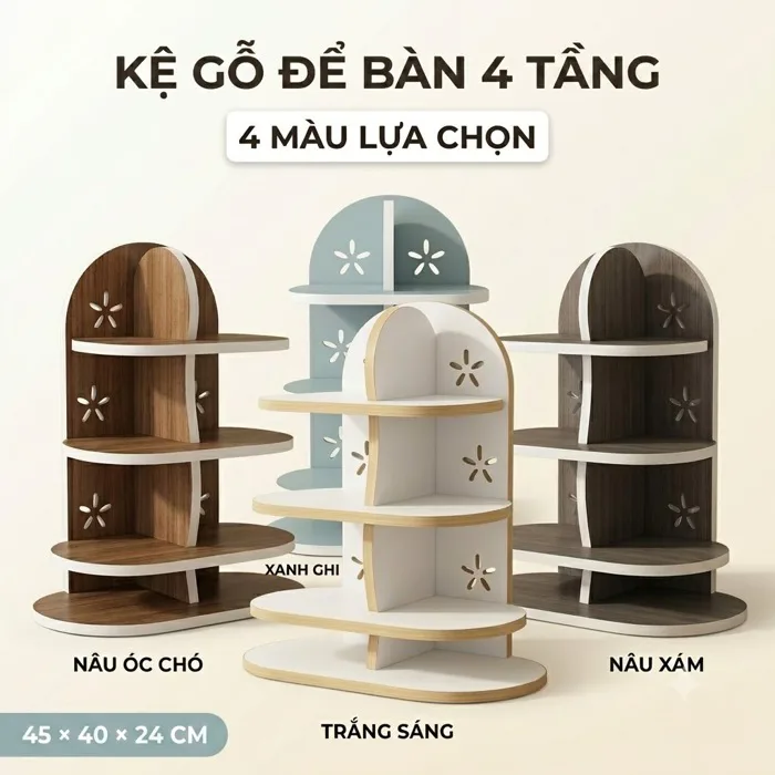 Kệ Để Bàn 4 Tâng Đa Năng Gỗ MDF, Kệ Đựng Mỹ Phẩm Sách Mini Decor Bàn Học,  Bo Tròn 45x40x24cm