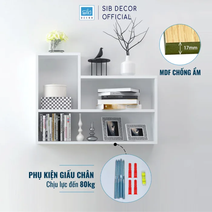 Kệ Để Sách Treo Tường L, Giá Sách Gỗ Gắn Tường Giấu Chân 80cm SIB Decor  KT181