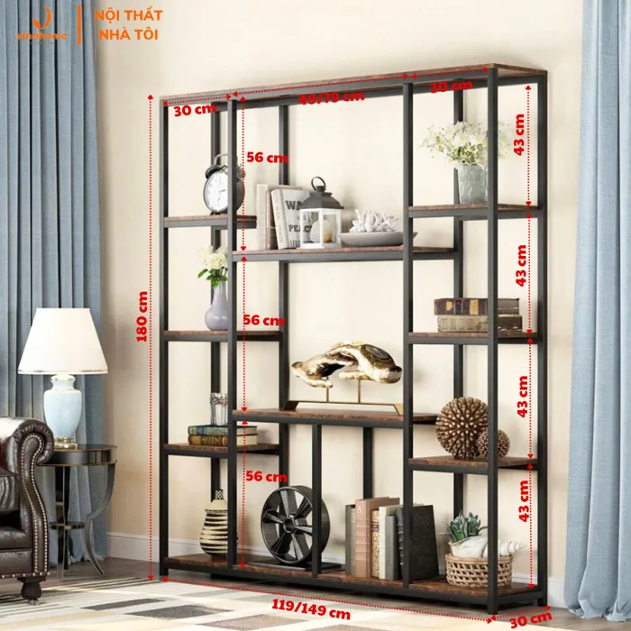 Kệ gỗ khung sắt trang trí, decor phòng khách, phòng ngủ, phòng làm việc, vách ngăn VNH-548