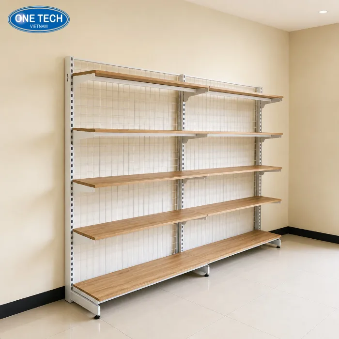 Kệ sắt mặt gỗ 5 tầng: lưng lưới, áp tường, giá rẻ #1