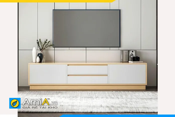 Mẫu kệ tivi gỗ MDF màu vân gỗ mặt phối trắng AmiA TUTV144 Mẫu kệ tivi gỗ MDF màu vân gỗ mặt phối trắng AmiA TUTV144