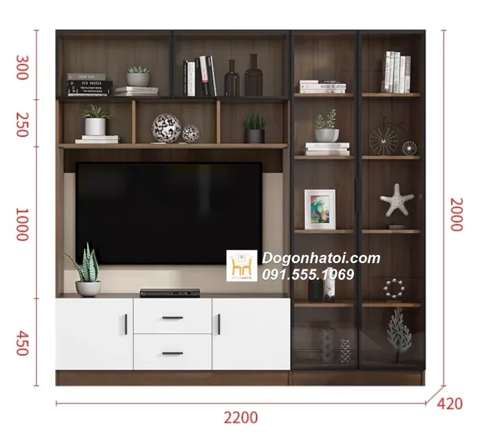 Tủ Kệ Tivi Kiêm Giá Sách Có Kính Đơn Giản Đẹp 2m X 1m8 - TR631 (2.300