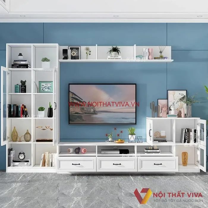 Kệ Tivi Màu Trắng Kết Hợp Tủ Sách Sang Trọng Cao Cấp
