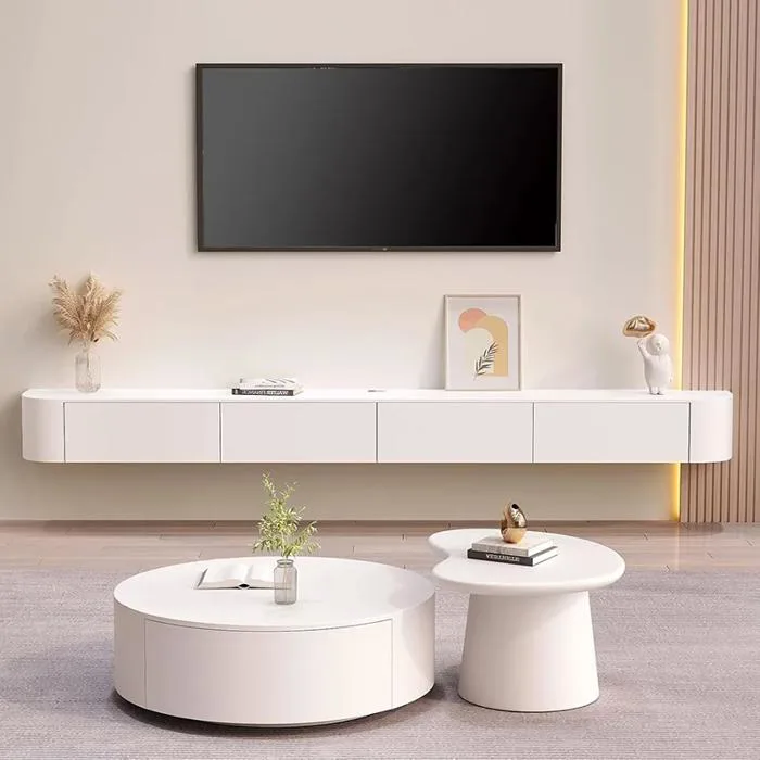 Kệ Tivi Gắn Tường Bo Cong Màu Trắng 2 Ngăn Kéo Và Cánh Mở Hiện Đại SIB  Decor TV169