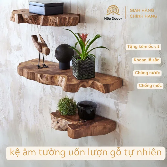 Kệ gỗ tự nhiên uốn lượn lắp âm tường, kệ treo tường giấu chân để đồ đa năng  - Xưởng Mộc Maido