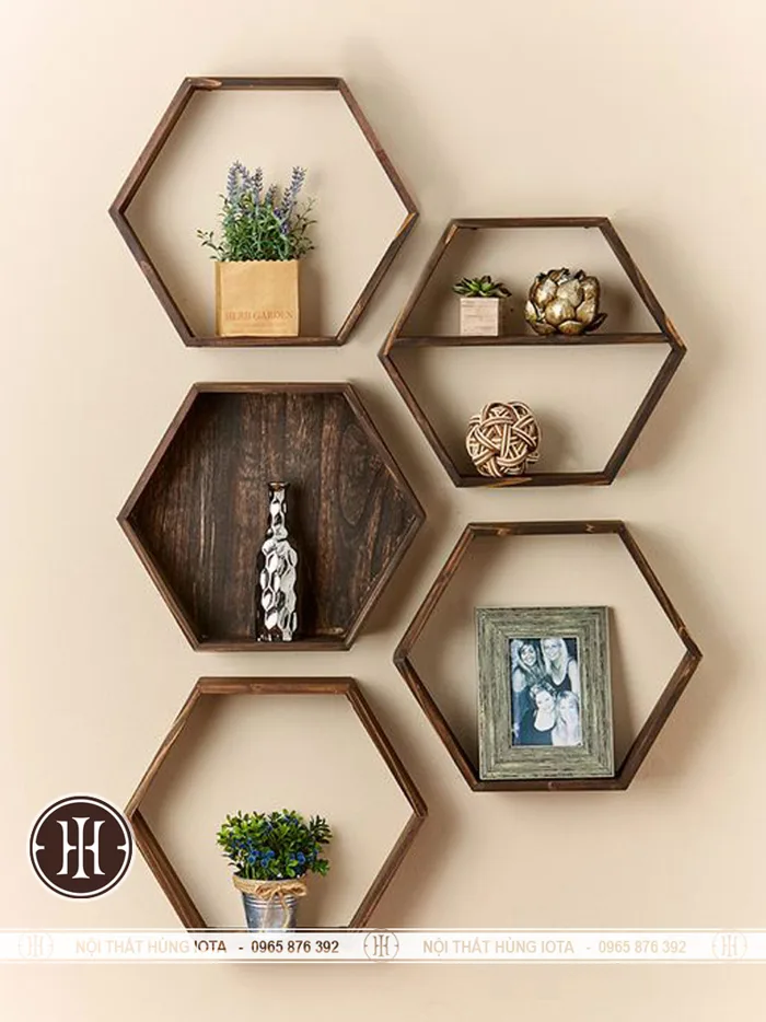 Kệ gỗ lục giác treo tường decor KTD08