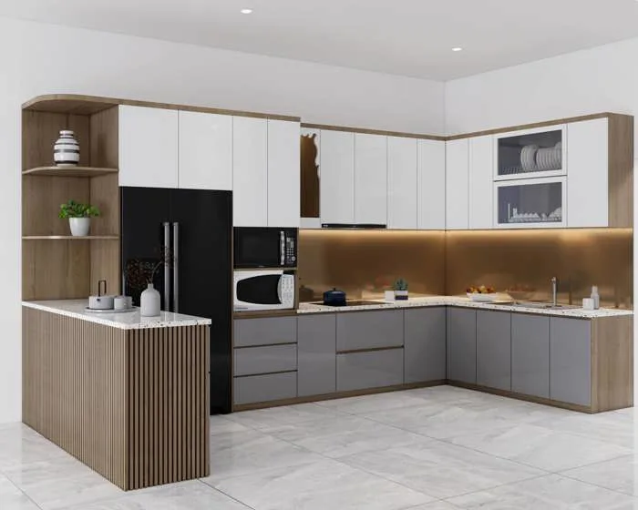 Tủ Bếp Gỗ Công Nghiệp Phủ Acrylic Kết Hợp Kệ Trang Trí TBA07 Tủ Bếp Gỗ Công Nghiệp Phủ Acrylic Kết Hợp Kệ Trang Trí TBA07