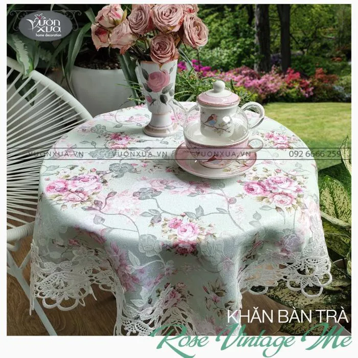 Khăn trải bàn vuông bàn tròn VƯỜN XƯA Hoa Hồng Vintage đẹp thanh lịch KBRVM
