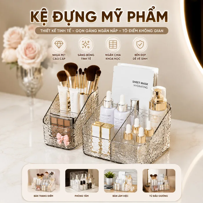 Kệ Đựng Mỹ Phẩm Vân Sóng Nước Cao Cấp, Khay Decor Bàn Trang Điểm Nhựa Trong  Suốt Sang Trọng Gọn Gàng