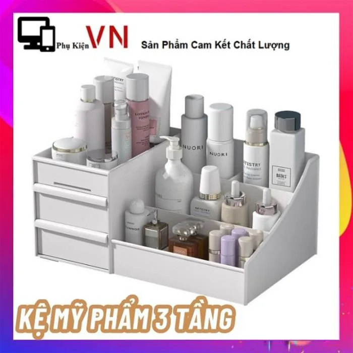 Kệ Đựng Mỹ Phẩm Đồ Trang Điểm 3 Tầng Có 2 Ngăn Kéo Để Bàn Trang