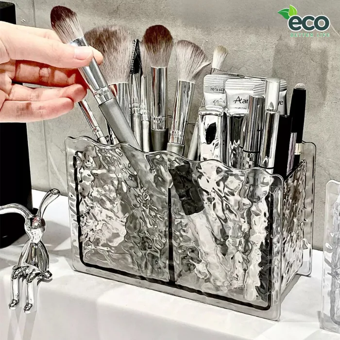 Khay đựng mỹ phẩm 2 ngăn trong suốt, Hộp để cọ trang điểm vân kim cương,  Hộp đựng bút để bàn decor