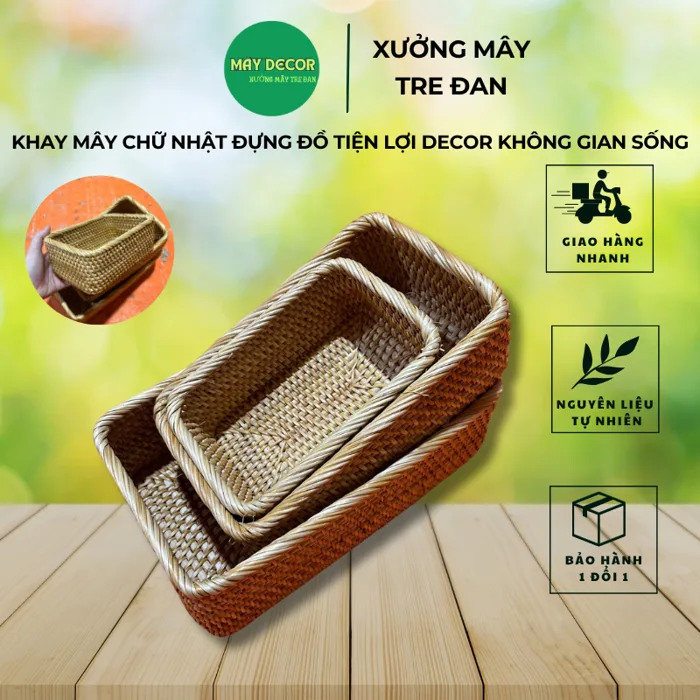 Khay mây chữ nhật quấn miệng đựng đồ ăn, đồ dùng hàng ngày Decor không gian  sống đẹp mắt chất liệu thiên nhiên