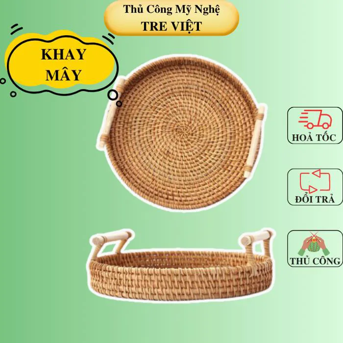 Khay Mây Tròn có Tay Cầm Đựng Đồ Ăn - Khay Mây Guột Trang Trí Decor -  Rattan Tray