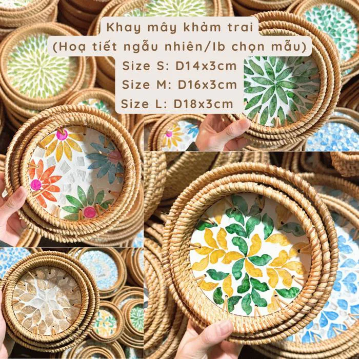 Khay tròn đan mây đĩa khảm trai viền mây trang trí decor– Home Chic Corner