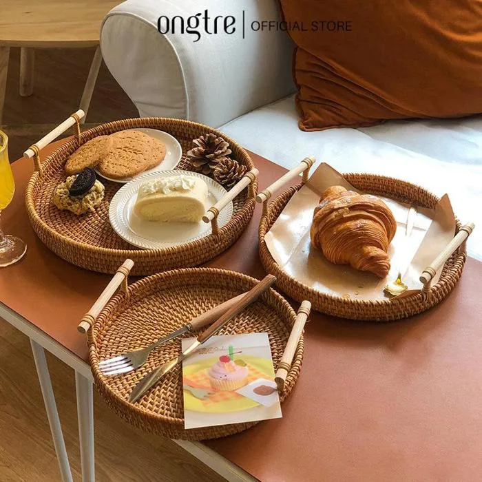 Khay mây tròn có tay cầm ONGTRE đựng đồ, trang trí tiệc, decor chụp ảnh sản  phẩm - ONGTRE
