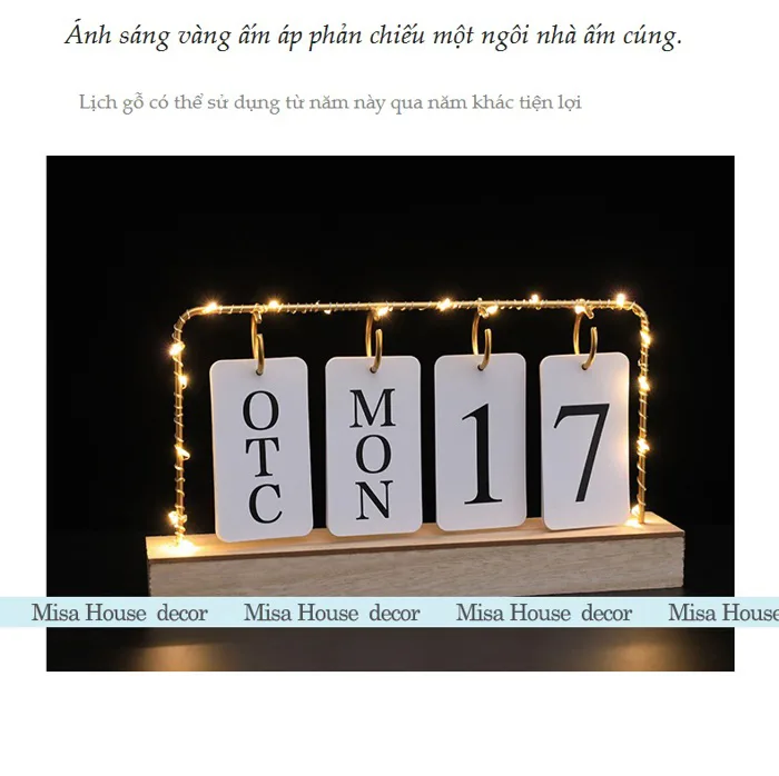 Lịch Trang Trí Gỗ Để Bàn kèm Đèn decor trang trí đơn giản hiện đại - Misa  House