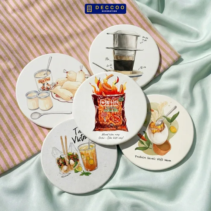 Lót Ly Gốm Thấm Nước Đế Gỗ Bần Chống Trượt, Miếng Lót Ly Cà Phê, Trà Sữa  Decor Bàn Làm Việc