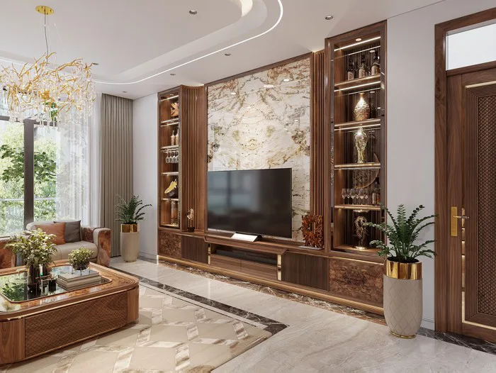 Mẫu kệ tivi đẹp hiện đại với thiết kế đa ngăn tiện ích, chất liệu gỗ veneer  nu kết hợp CNC kẻ sọc và viền kim loại vàng đồng sang trọng
