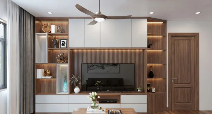 Mẫu kệ tivi đẹp hiện đại bằng gỗ MDF với cánh acrylic trắng và hệ kệ trang  trí led tinh tế