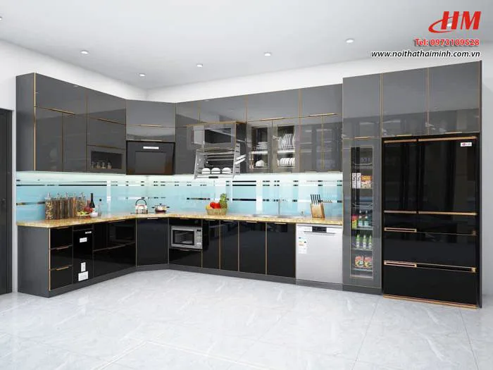 Tủ bếp nhựa cao cấp phủ acrylic chữ L màu đen xám siêu bền đẹp - TB094 Tủ bếp nhựa cao cấp phủ acrylic chữ L màu đen xám siêu bền đẹp - TB094
