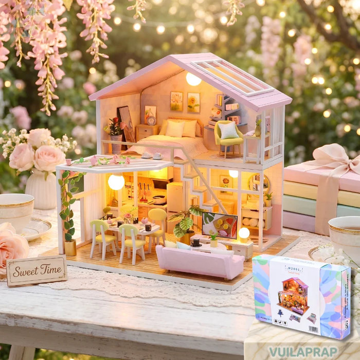 [Decor, Quà Tặng] Mô Hình Lắp Ráp Nhà Gỗ Hồng Ngọt Ngào Sweet Time - DIY có đèn LED HongDa M2001