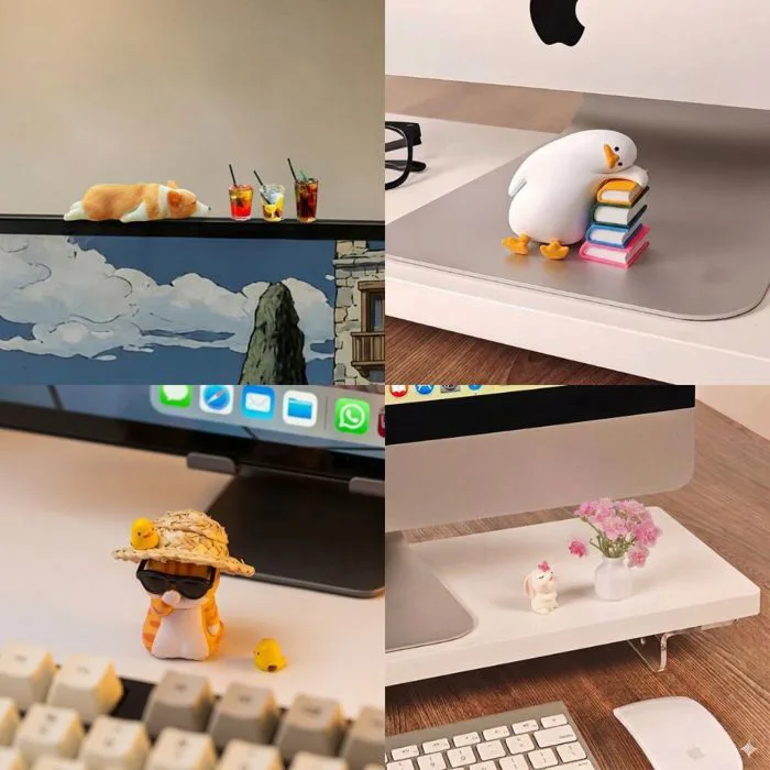 Bộ sưu tập mô hình trang trí chân màn hình máy tính, decor góc làm việc,  bàn học, tủ sách, kệ gỗ