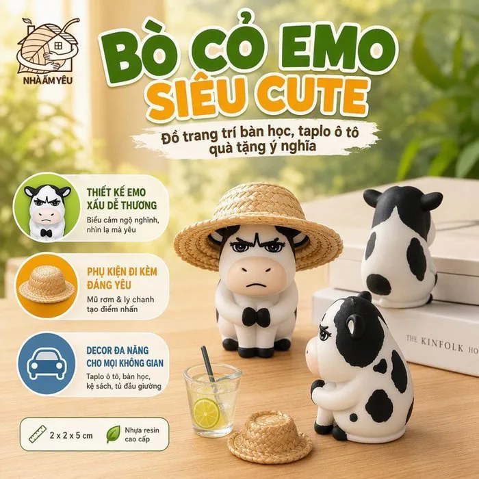 Mô Hình Bò Cỏ Emo Resin Mini Đồ Trang Trí Dễ Thương Decor Bàn Học Phụ Kiện  Trang Trí
