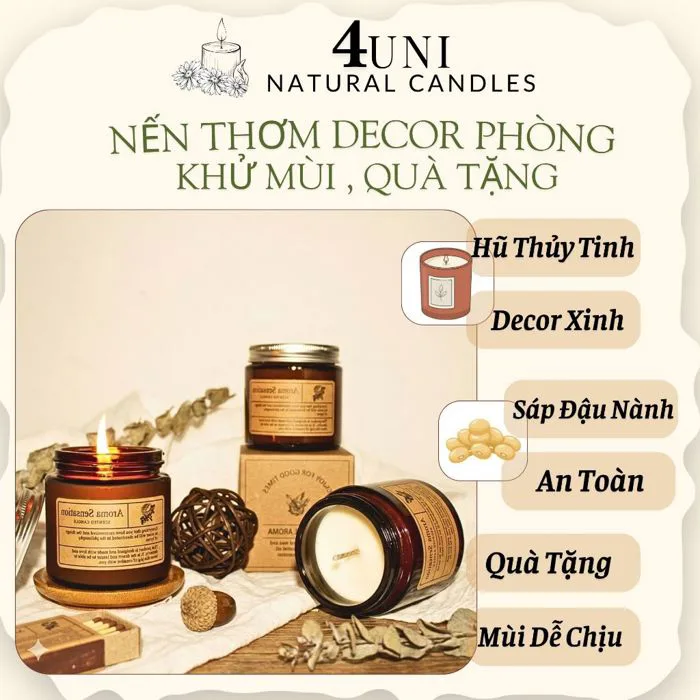 Nến Thơm Cao Cấp Tinh Dầu Thiên Nhiên - Khử Mùi Phòng, Thư Giãn, Decor  Phòng Ngủ Rem4Uni