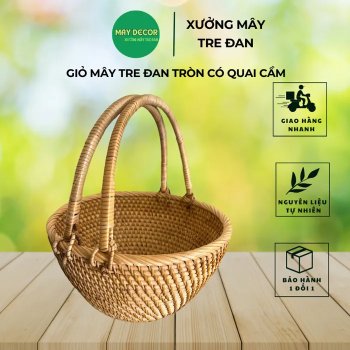 Giỏ mây tre đan tròn có quai xách decor trang trí nhà, đựng đồ hoa quả, phụ  kiện chụp ảnh bắt mắt chất liệu thân thiện