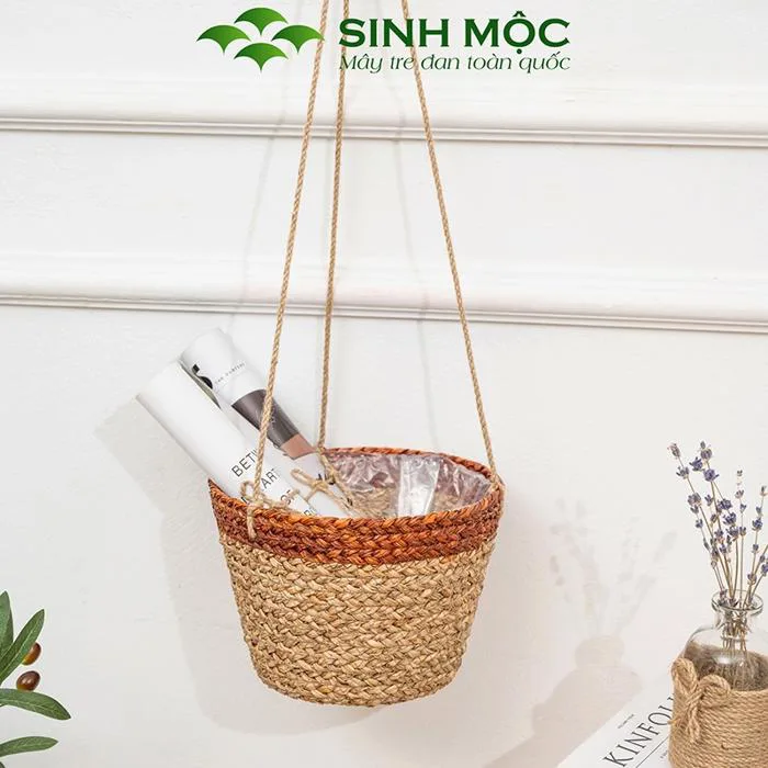 Giỏ hoa treo tường, giỏ cói trồng cây, phụ kiện decor chụp hình, decor  trang trí