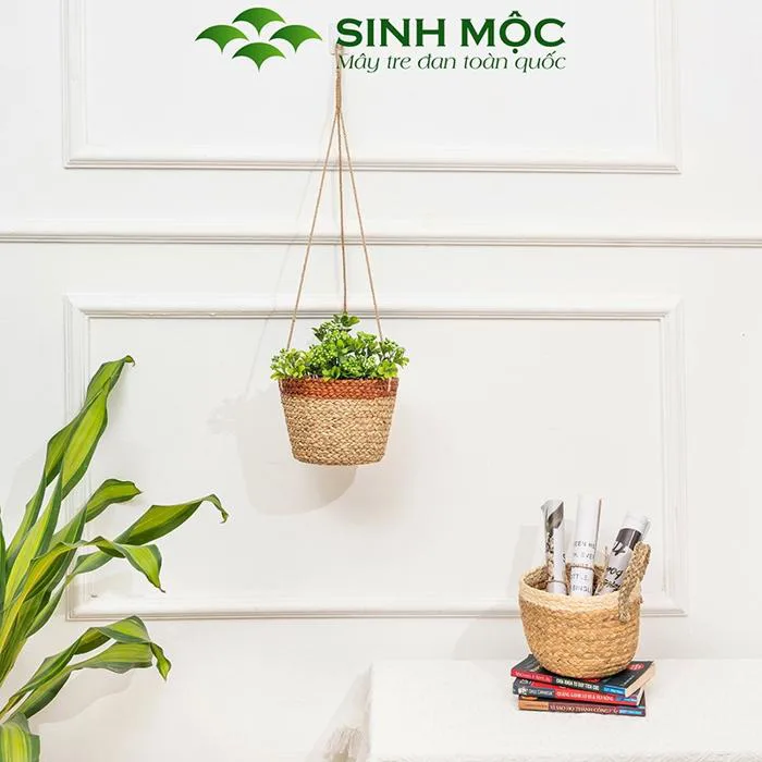 Giỏ hoa treo tường, giỏ cói trồng cây, phụ kiện decor chụp hình, decor  trang trí