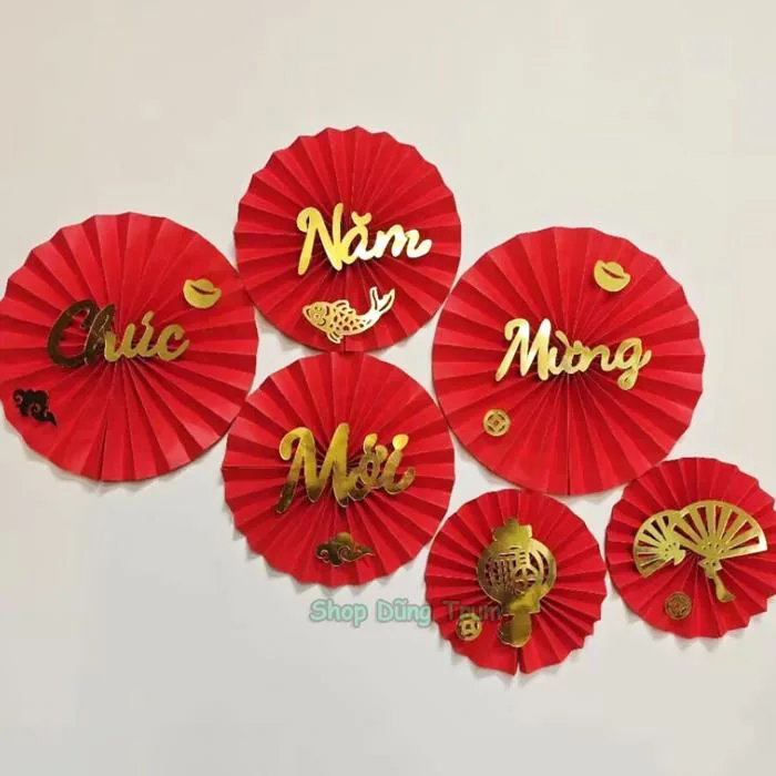 Set 6 Quạt Giấy Đỏ tròn trang trí Tết sẵn keo - Quạt Giấy Xếp Đỏ decor nhà  cửa