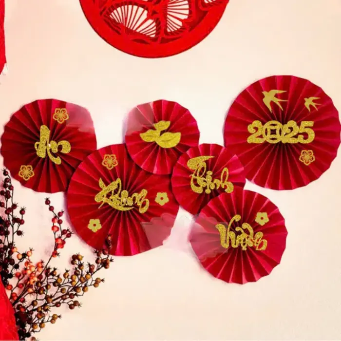 SET 6 Quạt Giấy Đỏ Dán Tường Trang Trí Tết - Quạt Xếp Đỏ Kèm Chữ Chúc