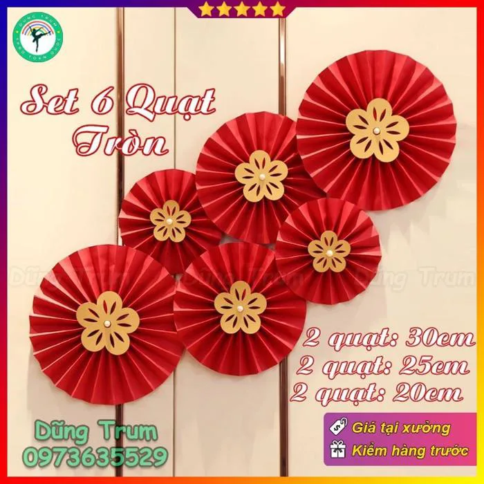 Set 6 Quạt Giấy Đỏ tròn trang trí Tết sẵn keo - Quạt Giấy Xếp Đỏ decor