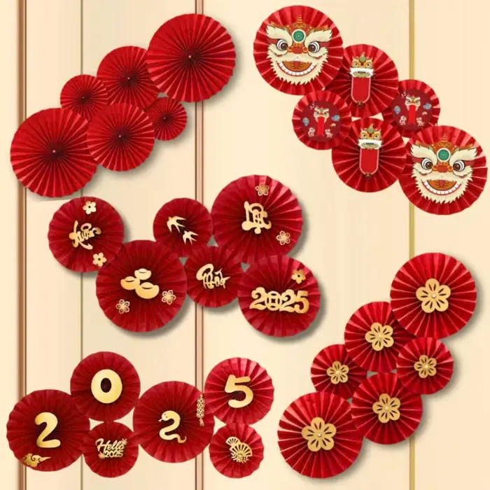 SET 6 Quạt Giấy Đỏ Dán Tường Trang Trí Tết - Quạt Xếp Đỏ Kèm Chữ Chúc