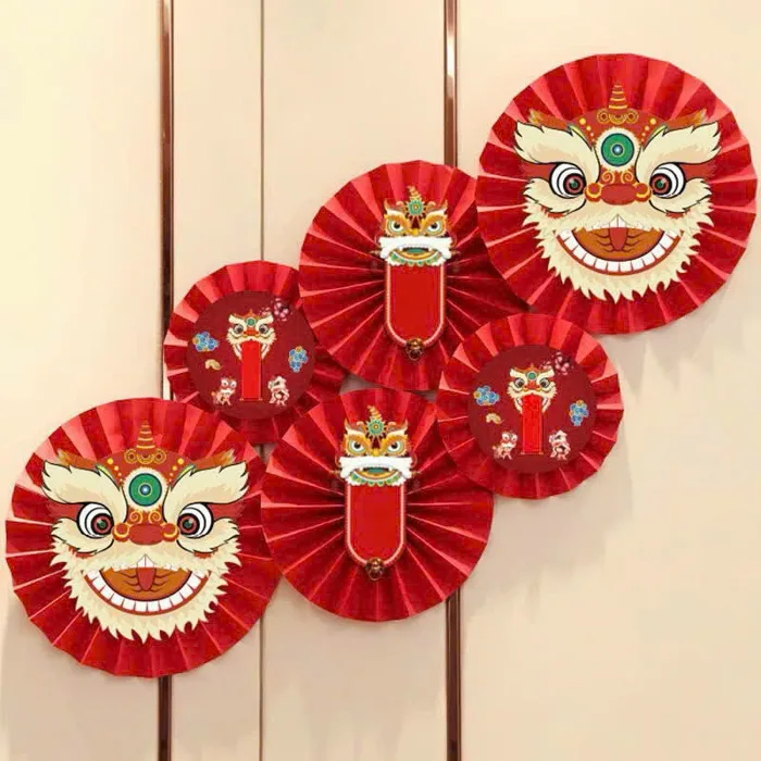 Set 6 Quạt Giấy Đỏ Mặt Lân - Trang Trí Lễ Hội, Trung Thu, Tết Cổ Truyền -  Shop Cưng Decor