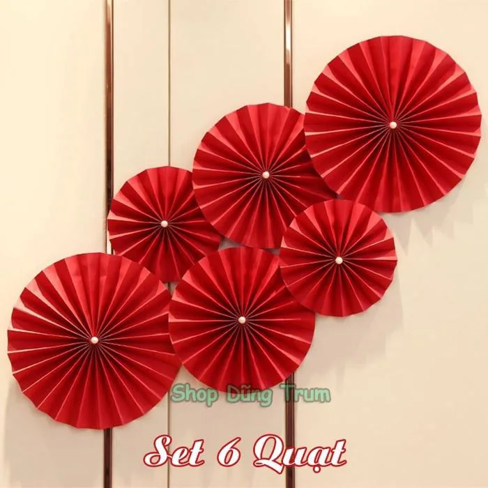 Set 6 Quạt Giấy Đỏ tròn trang trí Tết sẵn keo - Quạt Giấy Xếp Đỏ decor nhà  cửa