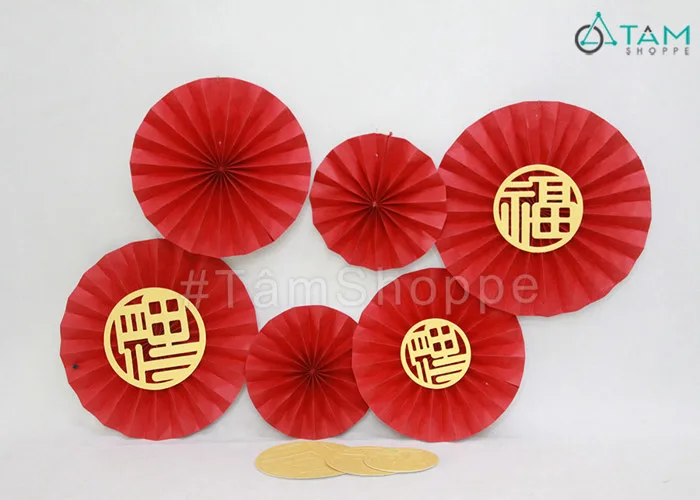 Set 06 quạt giấy đỏ tròn gấp sẵn 3 size [Sẵn keo - Tặng phụ kiện] QUAT-03