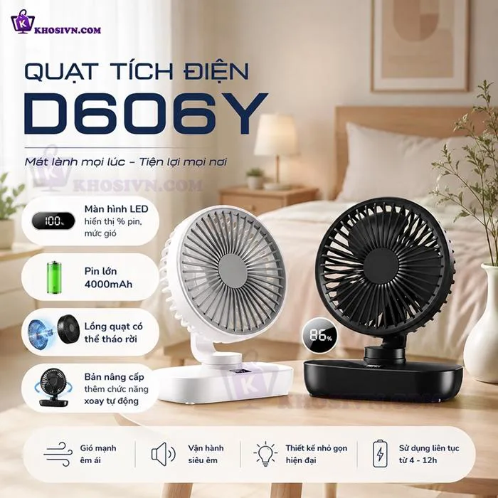 Quạt Để Bàn Văn Phòng Mini Tích Điện Pin Trâu Xoay Tự Động Có Màn Hình LED  4 Cấp Độ Gió - D606Y