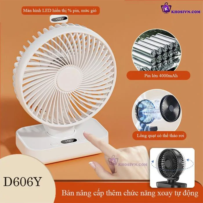 Quạt Để Bàn Văn Phòng Mini Tích Điện Pin Trâu Xoay Tự Động Có Màn Hình LED  4 Cấp Độ Gió - D606Y