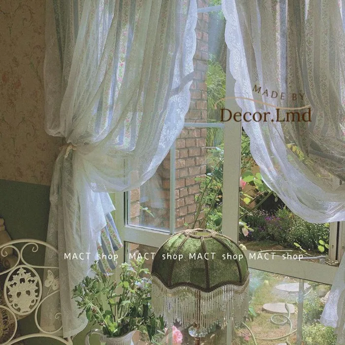 Rèm cửa sổ hoa mỹ phối ren trắng thơ mộng vintage, màn cửa decor trang trí  phòng ngủ phòng khách quán cafe